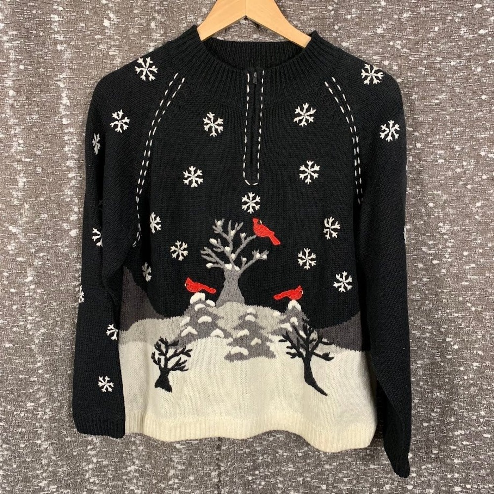 Vintage Mandal Bay Winter Cardinal Snowflake Quarter Zip Knit Sweater M